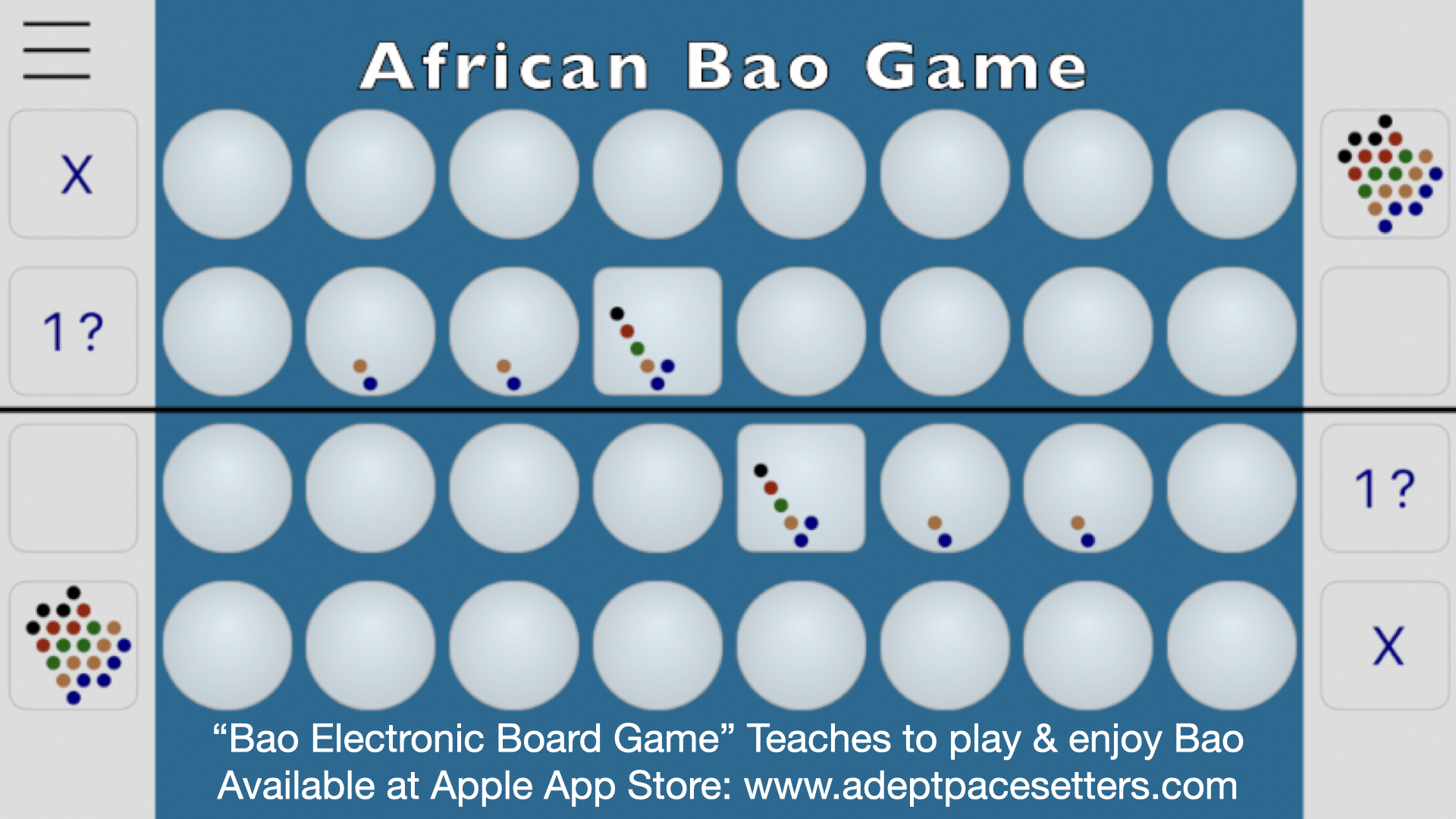 African Bao Game-Best game of all time-Learn Enjoy Relax Exercise Strategy-Get Bao Electronic Game: www.adeptpacesetters.com